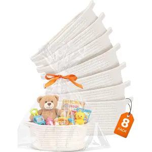 8 Pack Small Woven Baskets for Gifts Empty, 12"x8"x5" Cotton Rope Baskets with Handles, Gift Basket Kit with Bags & Ribbons for Baby Shower, Nursery, Christmas, Easter, Bulk White