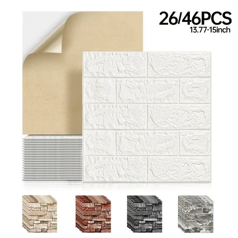 26/46pcs 3D Wall Stickers, Realistic Brick Stone Wood Design, Self Adhesive, Easy Clean Cut, for Living Room Kitchen Bedroom Office Decor