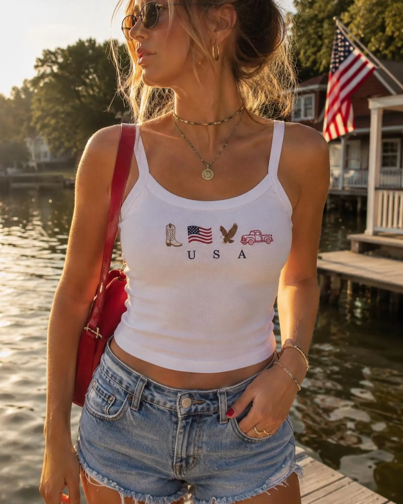 USA Embroidered Icons Tank Top, America Crop Tank, 4th of July Top, Country, Western, Cowboy Shirt