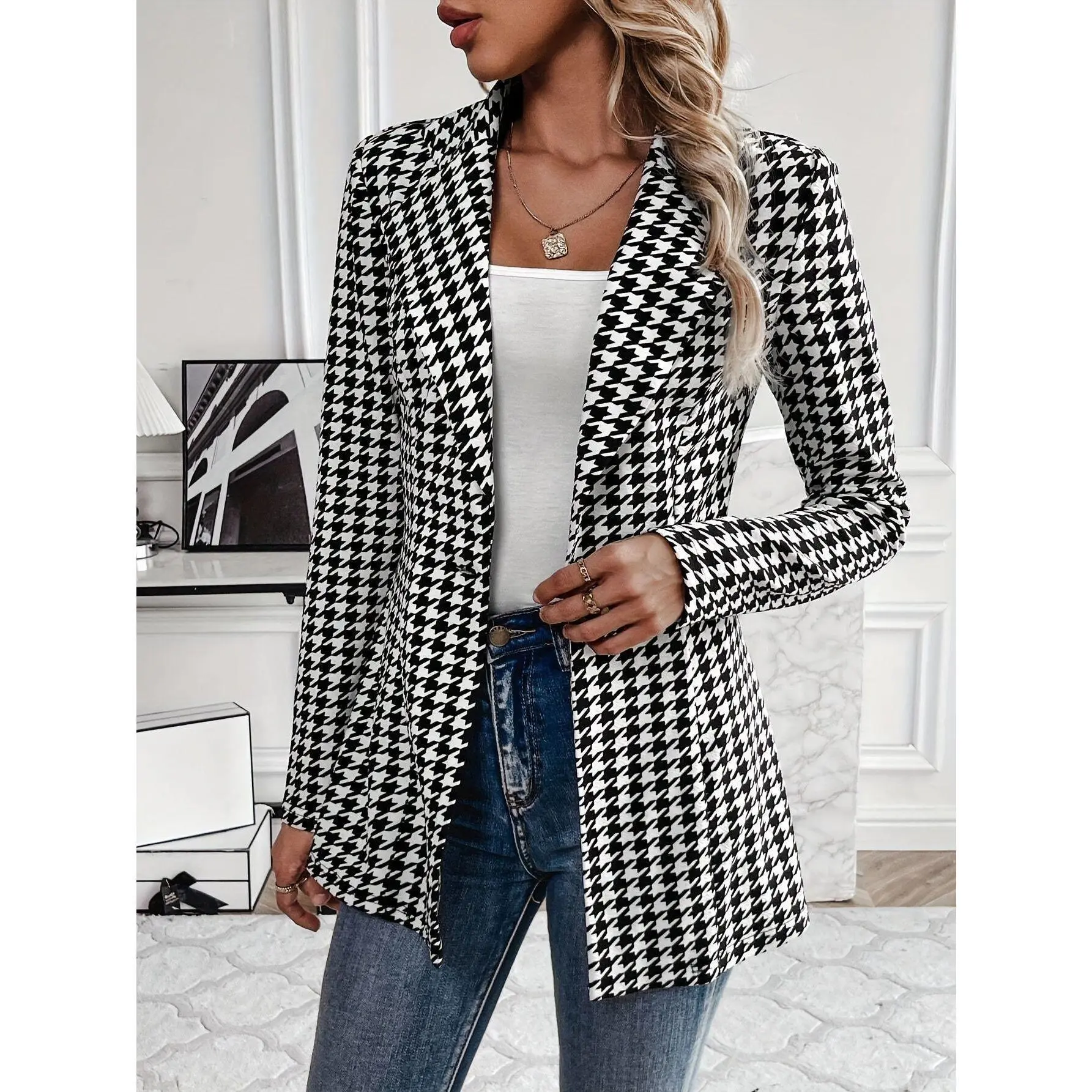 Women's Formal Elegant Houndstooth Print Blazer - Lapel Collar, Soft Flat Fabric, Fitted Cut, Button-Front Essential for Office-Business
