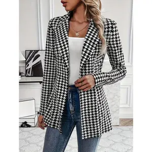 Women's Casual Houndstooth Blazer with Button Front & Classic Lapel Collar for Office Business All Seasons Fitted Medium Length
