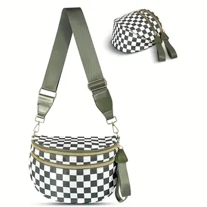 Spacious Checkered Nylon Crossbody Bag Bum Bag Checkered Handbags Wallets for Women