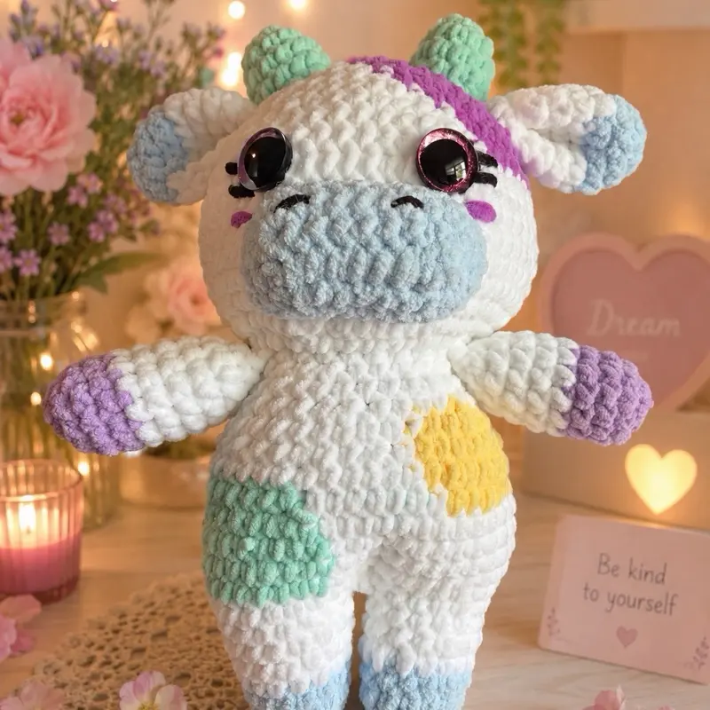 Crocheted Rainbow Cow Plushie - Soft Stuffed Animal, Fluffy Bunny Pompom Accent, Kawaii Design, Soothing Stuffed Doll, Anime-Style Toy for Kids