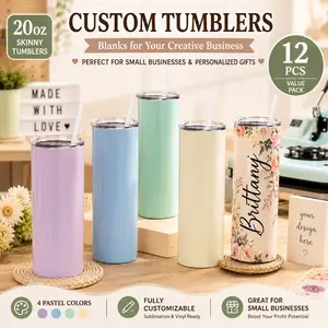 12-Pack 20oz Macaron Sublimation Straight Tumbler Bulk Blank Pastel Colors Sky Blue Lavender Mint Cream Vacuum Insulated Stainless Steel Water Bottle with Straw Lid Flat Lid Keep Cold 24H Hot 12H for Custom Print Wedding Gift Business