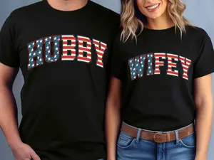 4th of July Matching Couple T-Shirt, Hubby & Wifey Independence Day Tee, Celebrating 250 Years of Freedom, Patriotic Flag Shirt, America 1776 - 2026 Flag Shirt, God Bless USA Shirt