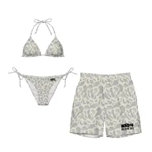 Light Grey Camo Couple Swimwear Set – Women Triangle String Bikini & Men Swim Shorts