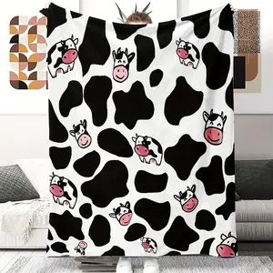 Cozy Black and White Cow Print Flannel Throw Blanket - Soft, Skin-Friendly Sofa Blanket with Cartoon Cows Design, Perfect Gift for Cow Lovers, Hand Wash Only, All-Season Comfort, Polyester Material, Cow Decor