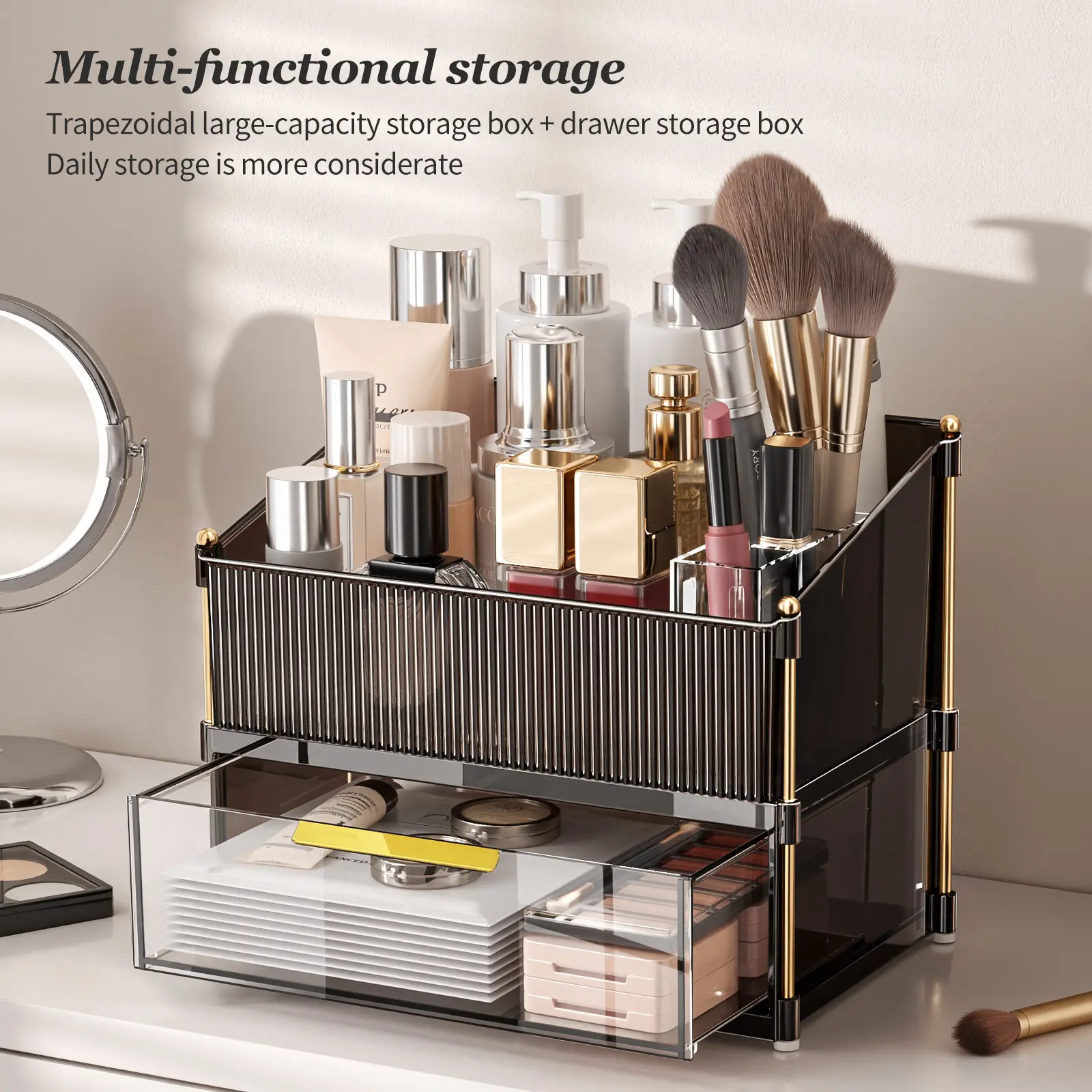 Modern Multi-Functional Cosmetic Organizer - Glass-Clear PET Shelves, Powder-Coated Steel Frame, Large-Capacity Trapezoidal Storage with Drawer, Divided Multi-Compartment Desktop Organizer for Clutter-Free Home Organization