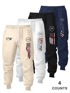 Men's Flag Pattern Drawstring Waist Sports Pants, Casual Comfortable Fit for Spring & Fall, Daily Wear Versatile Style, Athleisure Pants, Tracksuit Bottoms