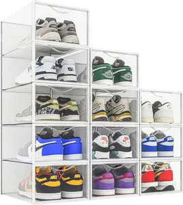 #NEW 12 Pack Shoe Storage Bins, Clear Plastic Stackable Shoe Organizer for Closet, Space Saving Foldable Shoe Rack, Shoe Box Sneaker Holder Container