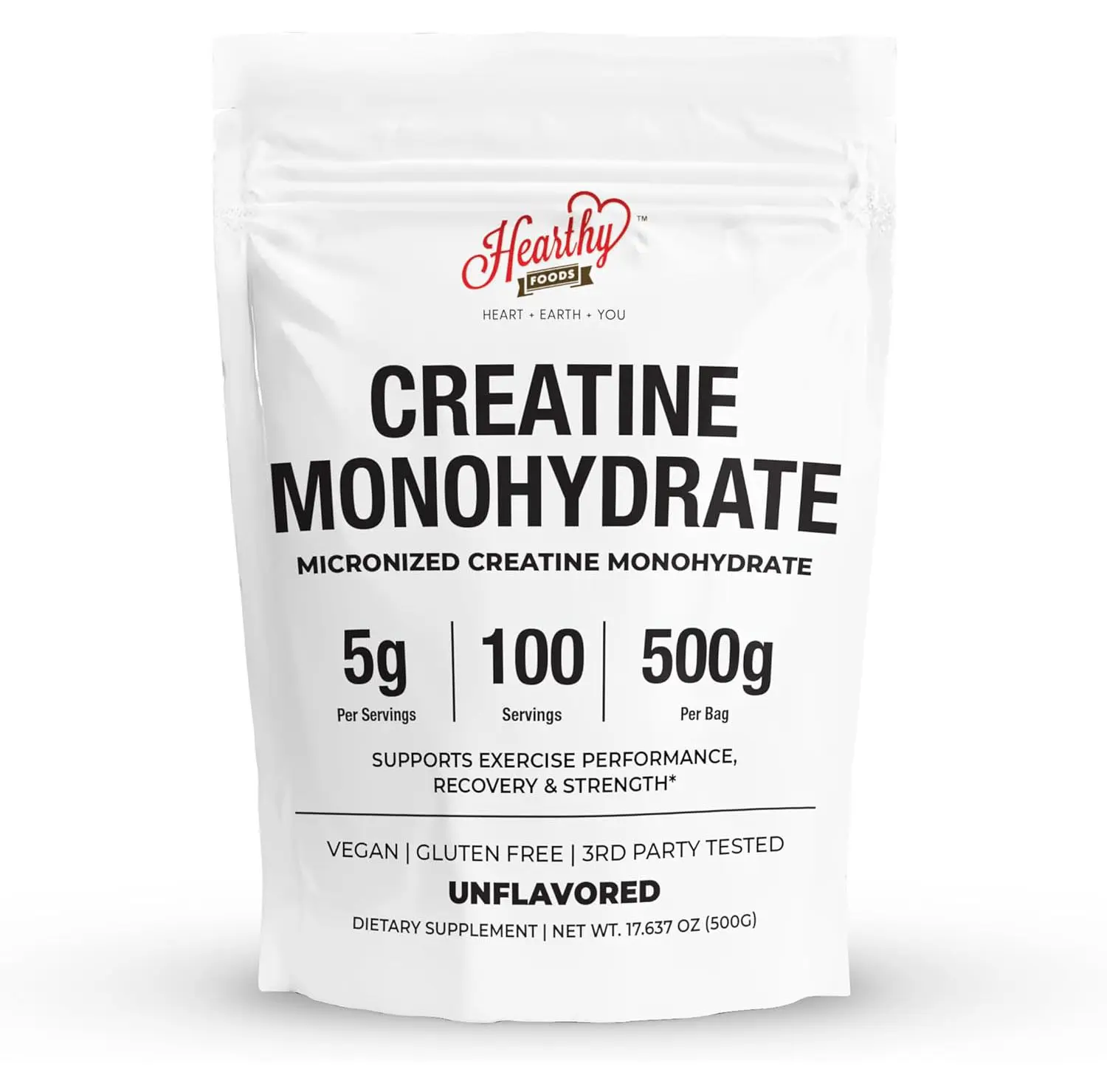 HEARTHY FOODS Creatine Monohydrate Micronized Powder 500G - 100 Servings, 5000mg Per Serving (5g) - for Men & Women Muscle Growth & Recovery - UNFLAVORED