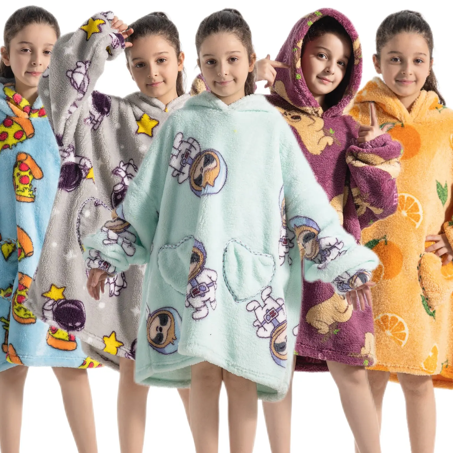 Kids Cute Pizza Print Loungewear, Hooded Heart Pockets, Thick Warm Winter Sleepwear, Soft Comfortable, Cartoon Print Sleepwear, Hooded Onesie Pajamas