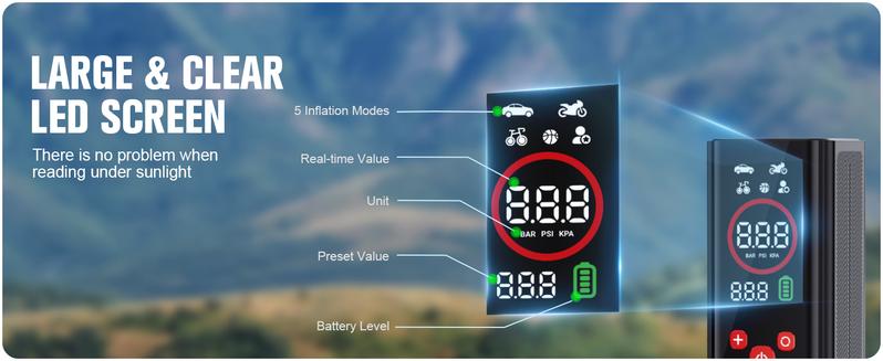 GOOLOO AP150 PRO Portable air compressor-150PSI High-Pressure with Colar Led Screen, Car accessories for Vehicle,Motorcycles,Bicycles,Balls,Cordless Tire Inflator, Springtok