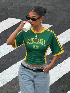 Womens Brazil Soccer Jersey Top | Batwing Sleeve Football Fan Shirt with Horse Graphic