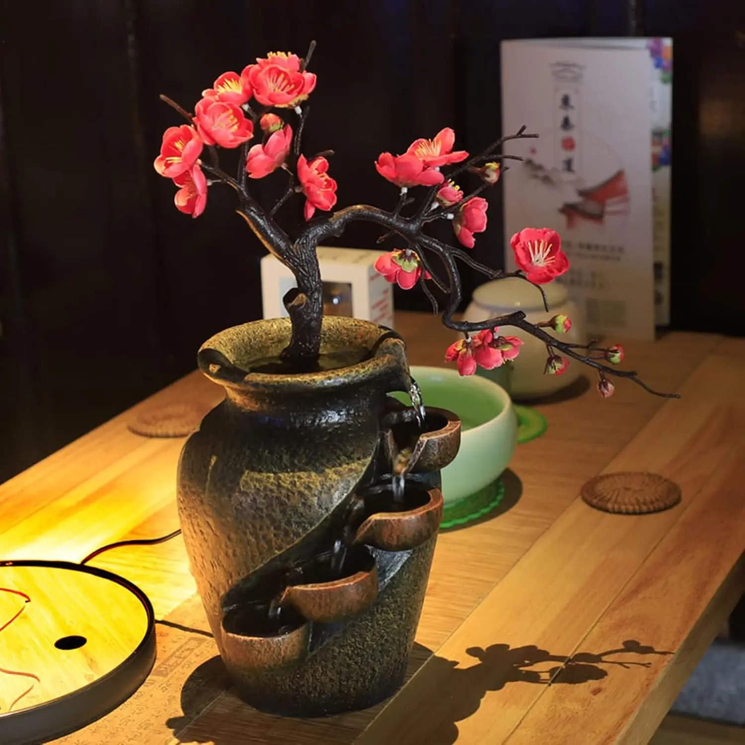 15.7in Flower Vase-Style Bonsai Waterfall Plant Humidifier, 4-Tier 11.8x11.8x15.7in (30x30x40cm) Indoor Zen Fountain for Home Office Decoration, Includes 1 Pump 1 Vase Fountain