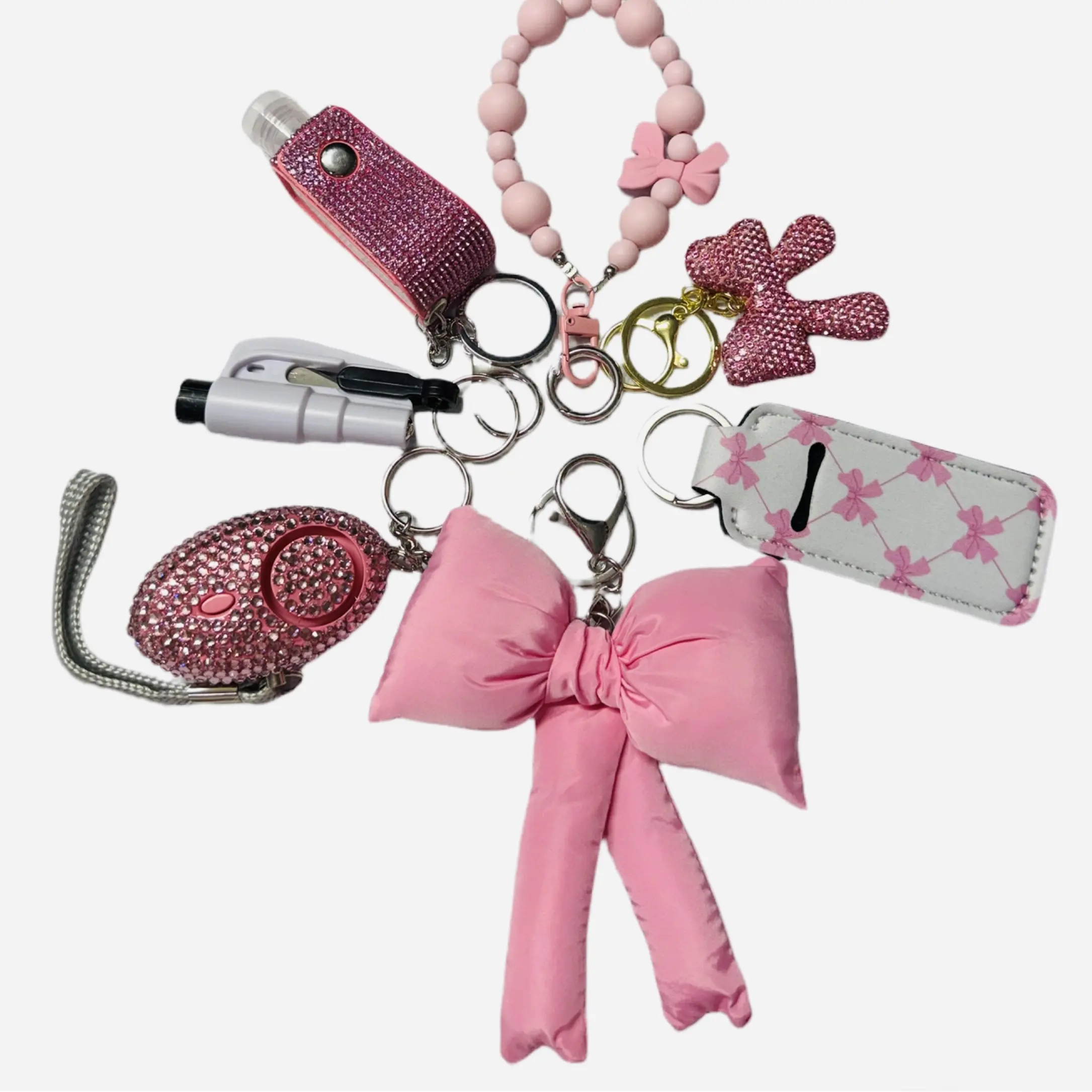 Pink Bow Safety and Accessory Keychain Set