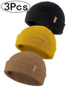 3Pcs-Beanie Hat Knit Ski Cap Fisherman Beanie for Men Women‘s solid color knitted hat jewelry accessories Fitted Hat