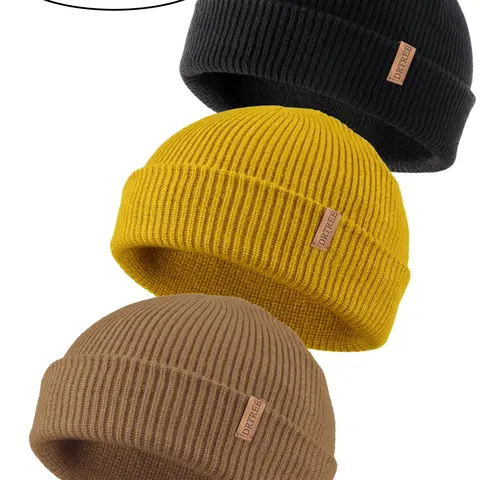 3-Piece Beanie Hat, Knit Ski Cap, Fisherman Beanie for Men & Women, Solid Color Knitted Hat, Fitted Hat, Hat Set