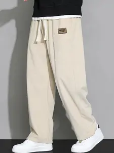 Men's Casual Solid Corduroy Pants, Loose Straight Leg Design for Comfortable Spring & Fall Wear, Stylish Versatile Trousers, Casual Minimalist Trousers