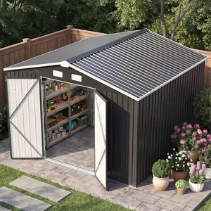 Aoxun 10'×8 ft Black Galvanized Steel Storage Shed, Gable Roof Heavy Duty Outdoor Metal Garden Shed, Lockable Double Door Tool Storage House for Backyard Lawn Patio