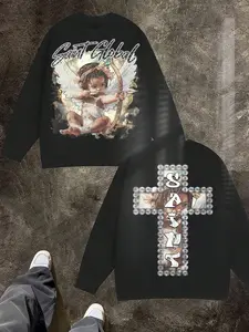 Men's Slim-Fit Long Sleeve Knit T-Shirt, Angel Archery Diamond Cross Print, Casual Street Style, All-Season Wear, Unisex Fashion Top