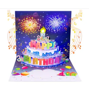 Birthday Cards 3D Pop Up Fireworks Cake Light and Music Happy Birthday Card Gifts for Women Men Mom Kids