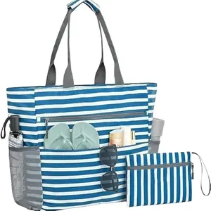Extra-Large Waterproof Beach Bag — Unisex Tote/Storage Bag for Pool Use, with Zippered Wet Pocket, Large Capacity Storage, Foldable Storage Pouch