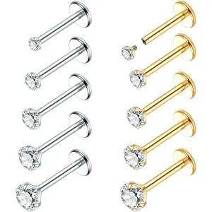 18G 16G Flat  Stud Earrings 14K  Plated Internally Threaded CZ Stud   for Tragus Helix Cartilage Conch Nose  Lip Labret Medusa