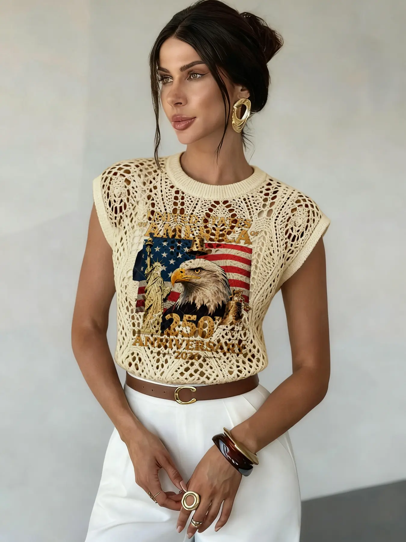 Women's Vintage Style Hollow Out Knitted Sweater, Eagle Flag & Liberty Symbol Design, Perfect for American Retro Fashion Lovers