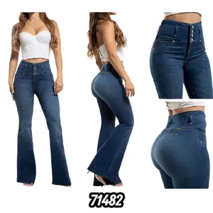 Colombian Bell-bottom Jeans, Dark Blue with embroidered design decorated with rhinestones