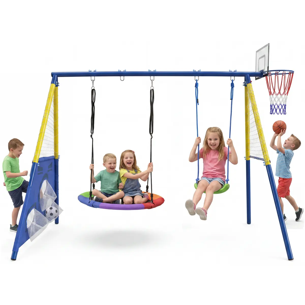 Aobtkel 5 in 1 Kids Swing Set 69"W Saucer Swing 2-Seat + Belt Swing + Basketball Hoop + Soccer Net Heavy Duty 600lbs Steel Frame Outdoor Backyard Playset Playground for Toddlers Kids Age 3-10 Boys Girls Gift Blue Easy Assembly Adjustable Summervibe Colump