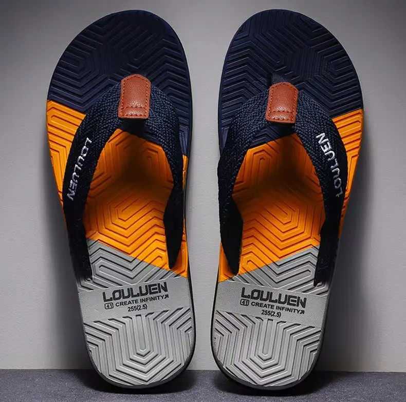 Men's fashionable slippers, color blocked sandals, fabric upper, casual anti slip - flip flops sandals, suitable for indoor and outdoor walks, spring and summer beach shoes