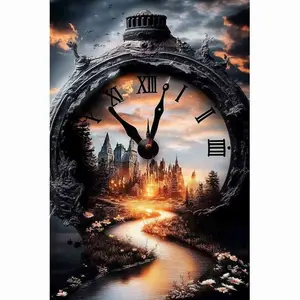 5D Full Drill Diamond Painting Kit - Vintage Pocket Watch with Magical Castle & Glowing Path, Round Acrylic Diamonds, Time Travel Themed DIY Art, Ideal Gift for Fantasy & Craft Enthusiasts