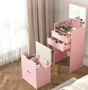 3-in-1 Dressing Table with Stool – Multifunctional Vanity Set with HD Mirror & 3-Color Lights, Two Sliding Drawers, Hidden Storage Stool, Space-Saving Makeup Desk for Small Bedroom, White or Pink