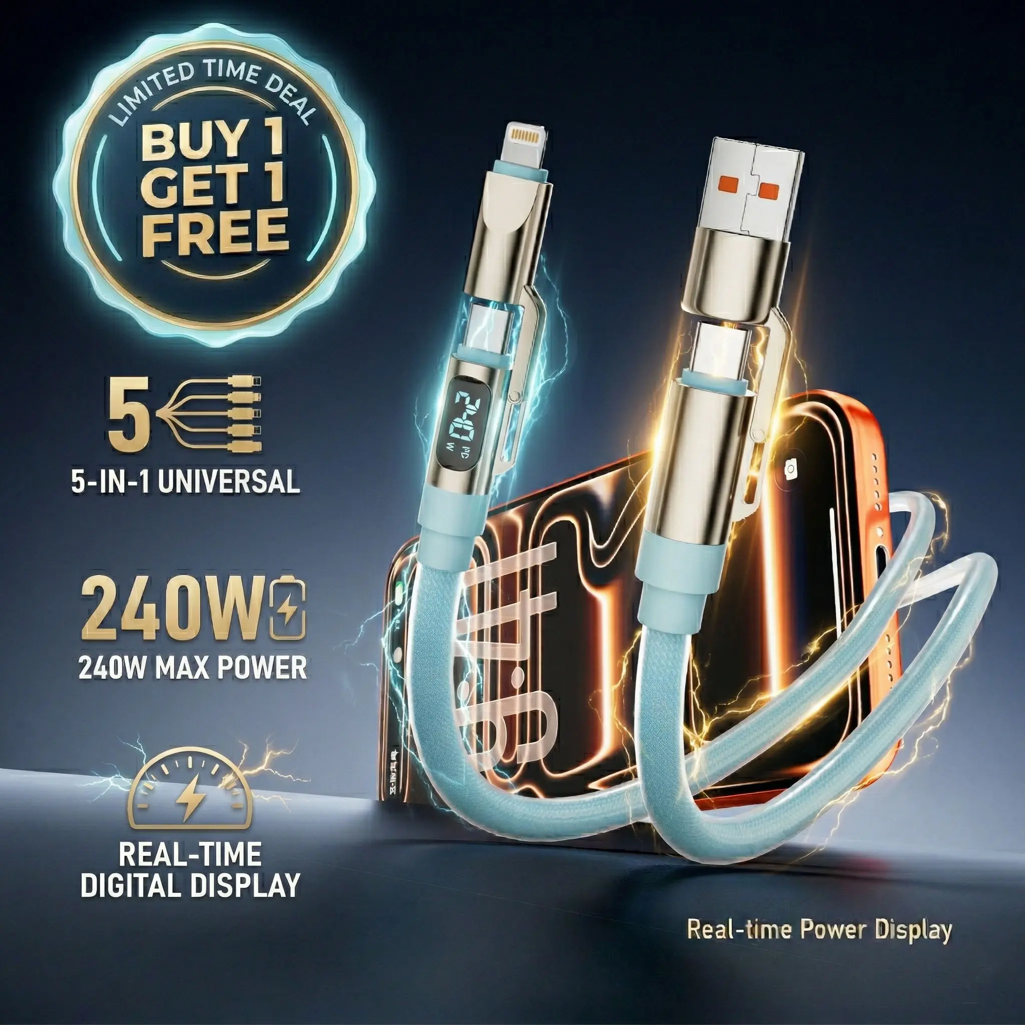 Buy one get one free I 5-in-1 Multi Digital Display 240W Fast Charging super Liquid Silicone Cable with USB A Type C Lightning for iPhone17/Samsung /Android/Laptops Charger