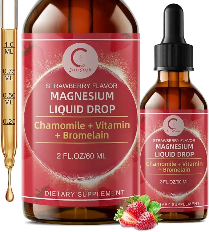 GREENPEOPLE Magnesium Glycinate Liquid Drops with Chamomile, Hawthorn & Ginger for Stress Relief & Digestive Comfort, Fast Absorption, Non-GMO, Vegan, Sugar-Free, Strawberry Flavor, 2 FL OZ, 60-Day Supply