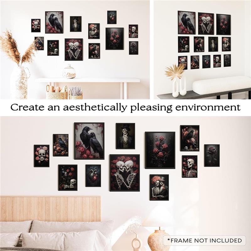 Romantic Gothic Wall Art - Goth Wall Decor, Floral Gothic Decor For Bedroom, Goth Wall Art Prints, Dark Raven Skull Poster, Moody Halloween Decor Aesthetic Picture for Home (8x10 Unframed)