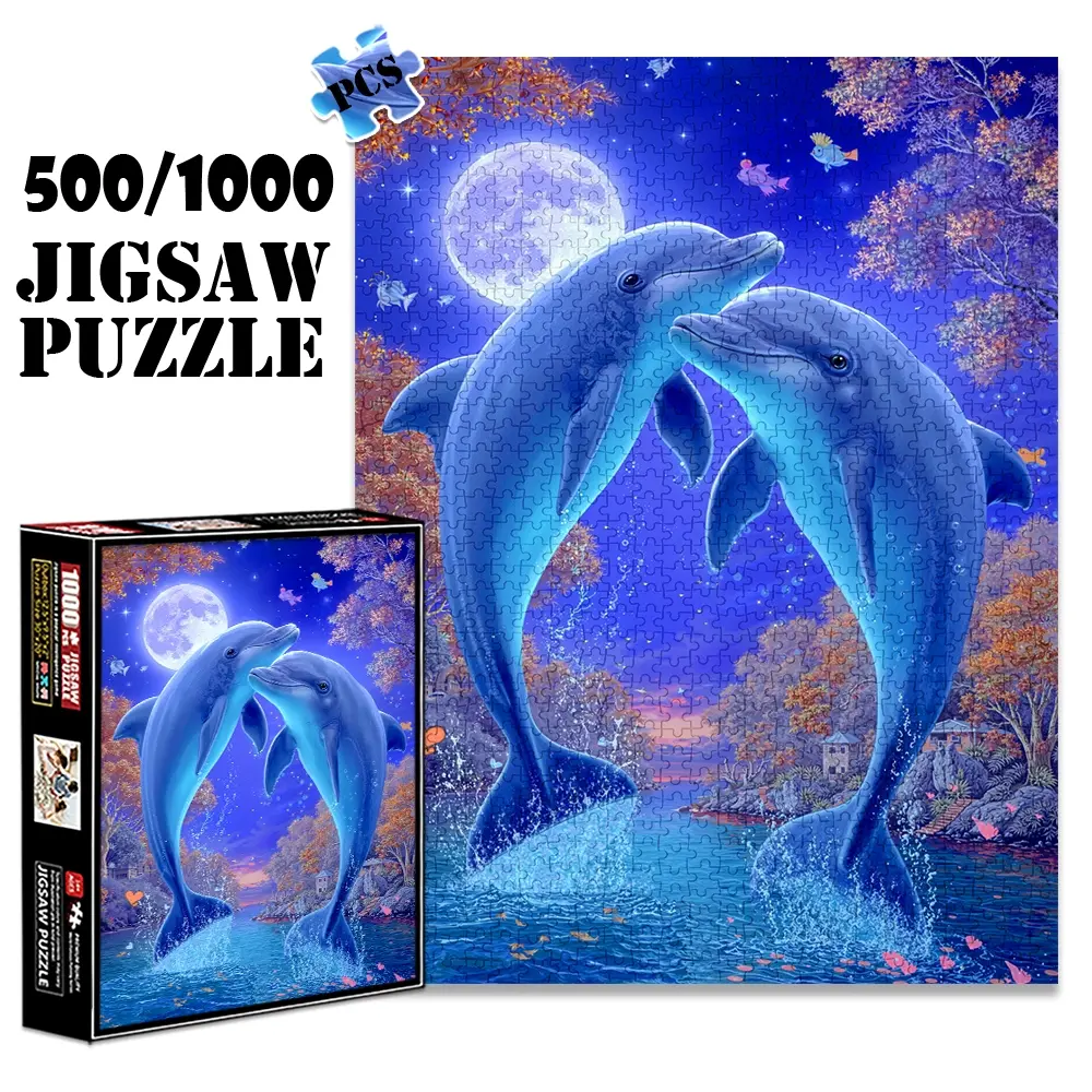 1pc 1000 piece adult puzzle 70x50cm Two Dolphins Leaping Under Moonlit Night with Trees and Fish500 pieces paper jigsaw puzzle suitable for DIY creative games for adults and families, birthday and h