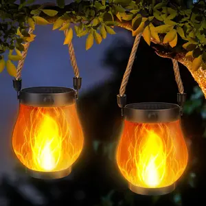 2 Pack Solar Lanterns Lights, Garden Lighting, Flickering Flame Garden Lights with 2 Modes Dual Charging USB & Solar, Outdoor Waterproof Hanging Lantern for Yard Patio Porch Decor, Halloween Decoration Lights