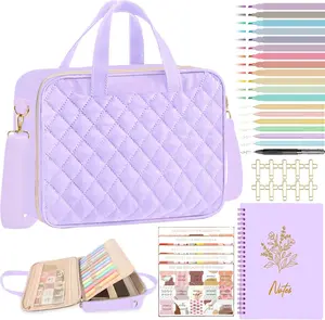 Large Quilted Bible Cover for Women Light Purple Carrying Bag with Shoulder Strap Handle Bible Study Journaling Kit Highlighters NoBleed Tabs Pens Notebook Cross Clips