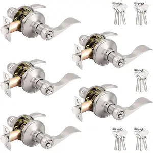 5 Pack Wave Style Keyed Alike Entry Levers, Reversible Keyed Door Handles with Lock and Same Keys, Exterior Interior Entry Locks in Satin Nickel Finish