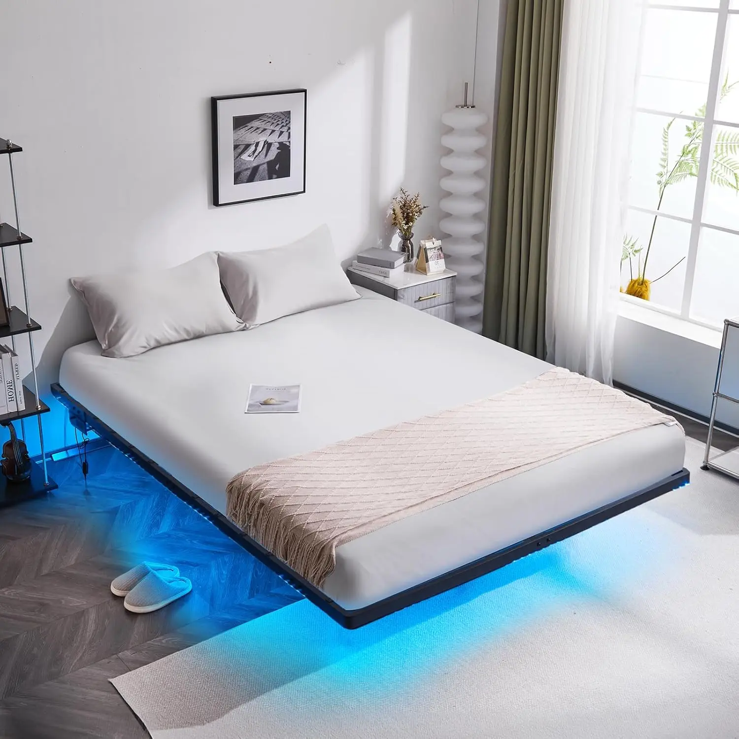 VINGLI Twin Floating Bed Frame with USB Charging Station/LED Lights, 14'' Platform Bed Frame Twin Size Heavy Duty Metal Bed, No Box Spring Needed,Black