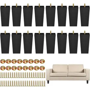 16 Pack 5.7 Inch Black Square Tapered Plastic Furniture Legs, Replacement Sofa Couch Legs with M8 T-Nuts Screws for Sofas Chairs Cabinets Dressers Beds