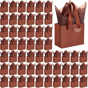 50 count Wedding Paper  Bags Bulk with Tissue Paper Small  Bags with Handle and Tags for Birthday Wedding 4th of July Party Business(Dark Brown,4.7 x 2.4 x 3.9'')