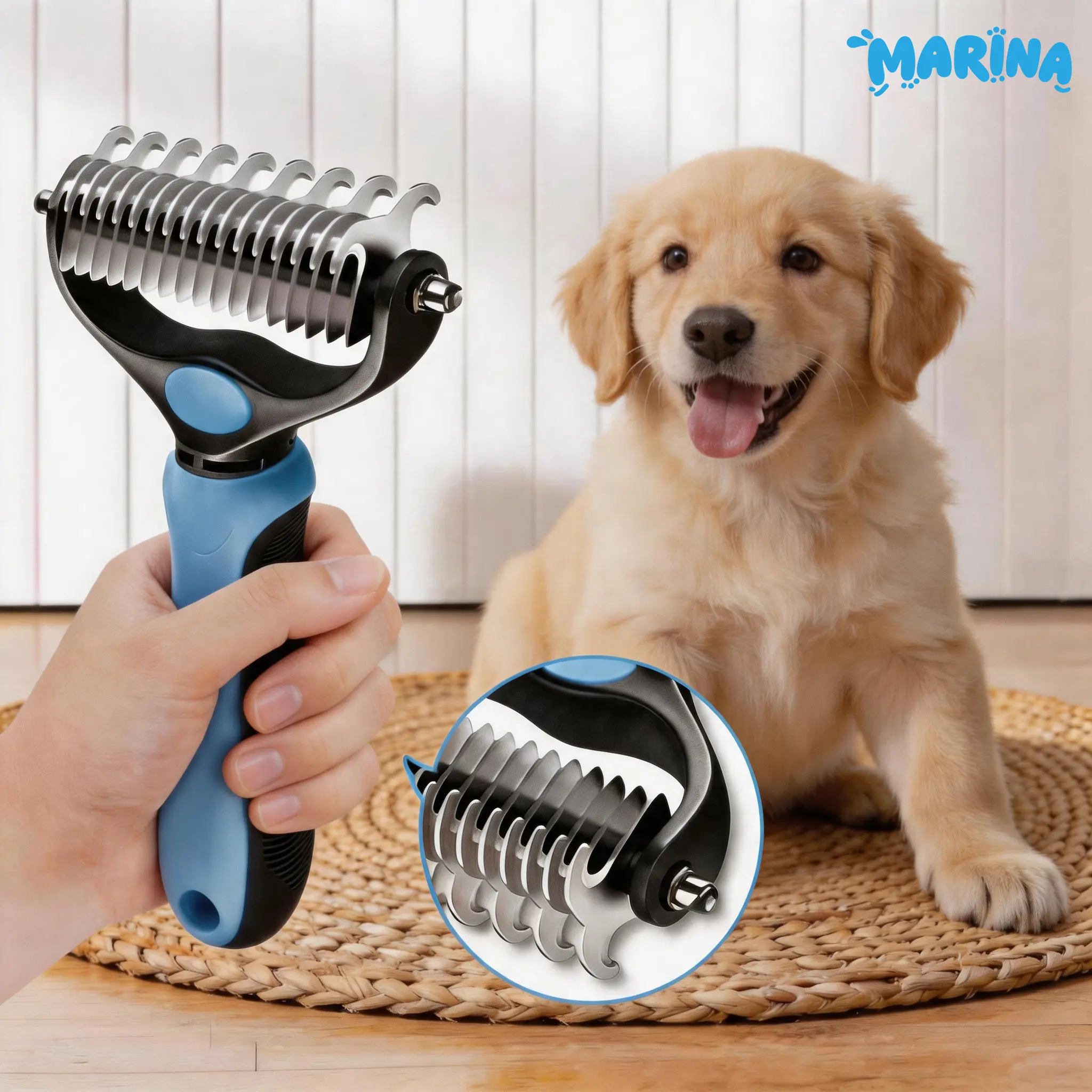 Double-Sided Pet Deshedding Brush Grooming Tool - Hurtless Undercoat Rake Comb for long haired Dogs, Detangles Coat, Tackles Matted Hair, Reduces Shedding & Flying Hair for Practical Daily Grooming，stainless steel teeth