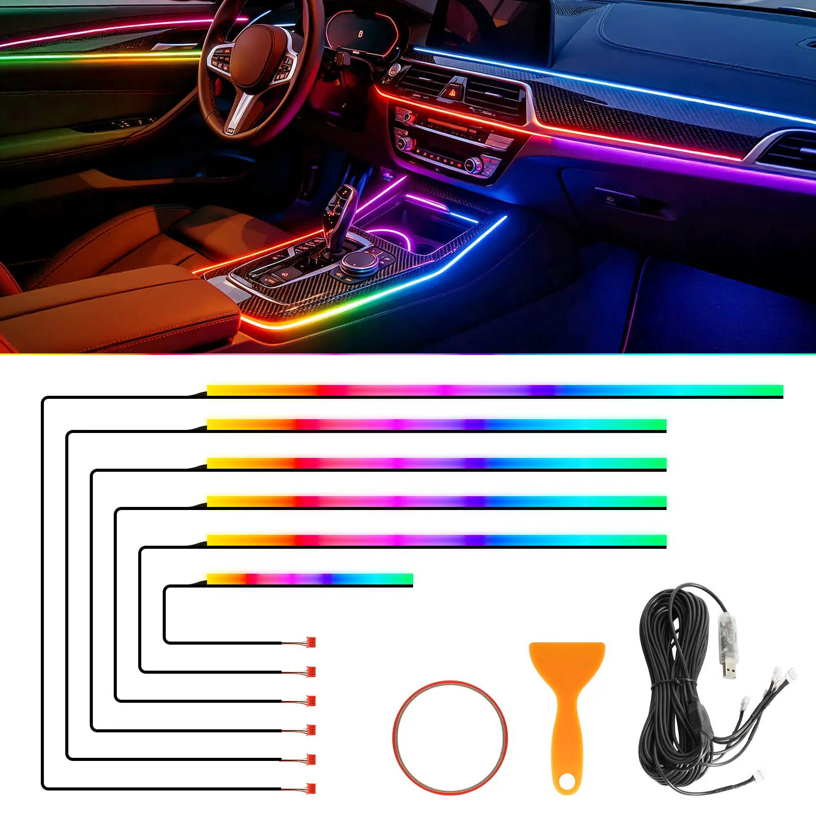 6in1/2in1 RGB Dreamcolor Car Ambient Light, USB Plug and Play Acrylic LED Interior Light Strips, Bluetooth APP & Touch Control Music Sync chasing Light, 12V Waterproof Low Heat Universal Car Interior Trim Atmosphere Light with Pry Tool