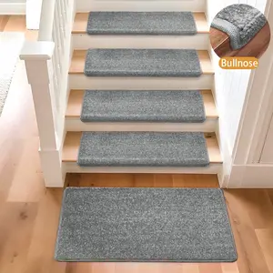 Modern Gray Bullnose Carpet Stair Treads Set, Aesthetic Peel & Stick Stair Runner for Indoor Wooden Steps, Self-Adhesive Anti-Slip Washable Rug Mats for Home Decoration Decorative Non-Slip,Complete Set of Stair Carpets