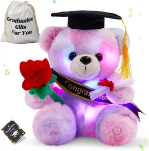 Graduation Bear Class of 2026, Musical Light up Rainbow Teddy Bear with Cap & Diploma, Singing Stuffed Animal Holding Rose, Grad Bear Gift for Kindergarten High School College, 8.5 Inch