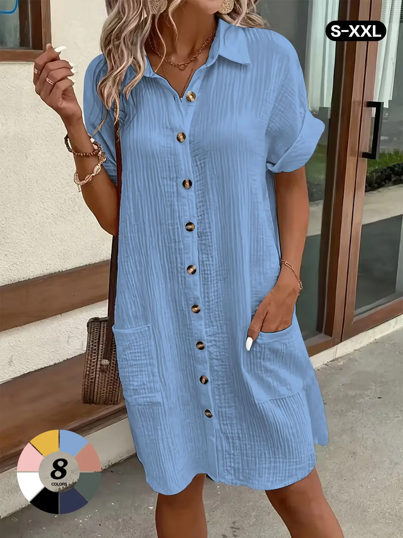 2026 Style Textured Basic Shirt Dress, Summer Collar Short Sleeve Loose Medium-Length Dress, Casual Wear Slimming Fit Straight Leg Dress wrap around dress tube dress bouncy dresses  cap sleeve dress