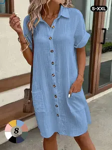 2026 Style Textured Shirt Dress, Summer Collar Short Sleeve Loose Medium-Length Dress, Casual Slimming Straight Leg Dress wrap around dress tube dress bouncy dresses  cap sleeve dress
